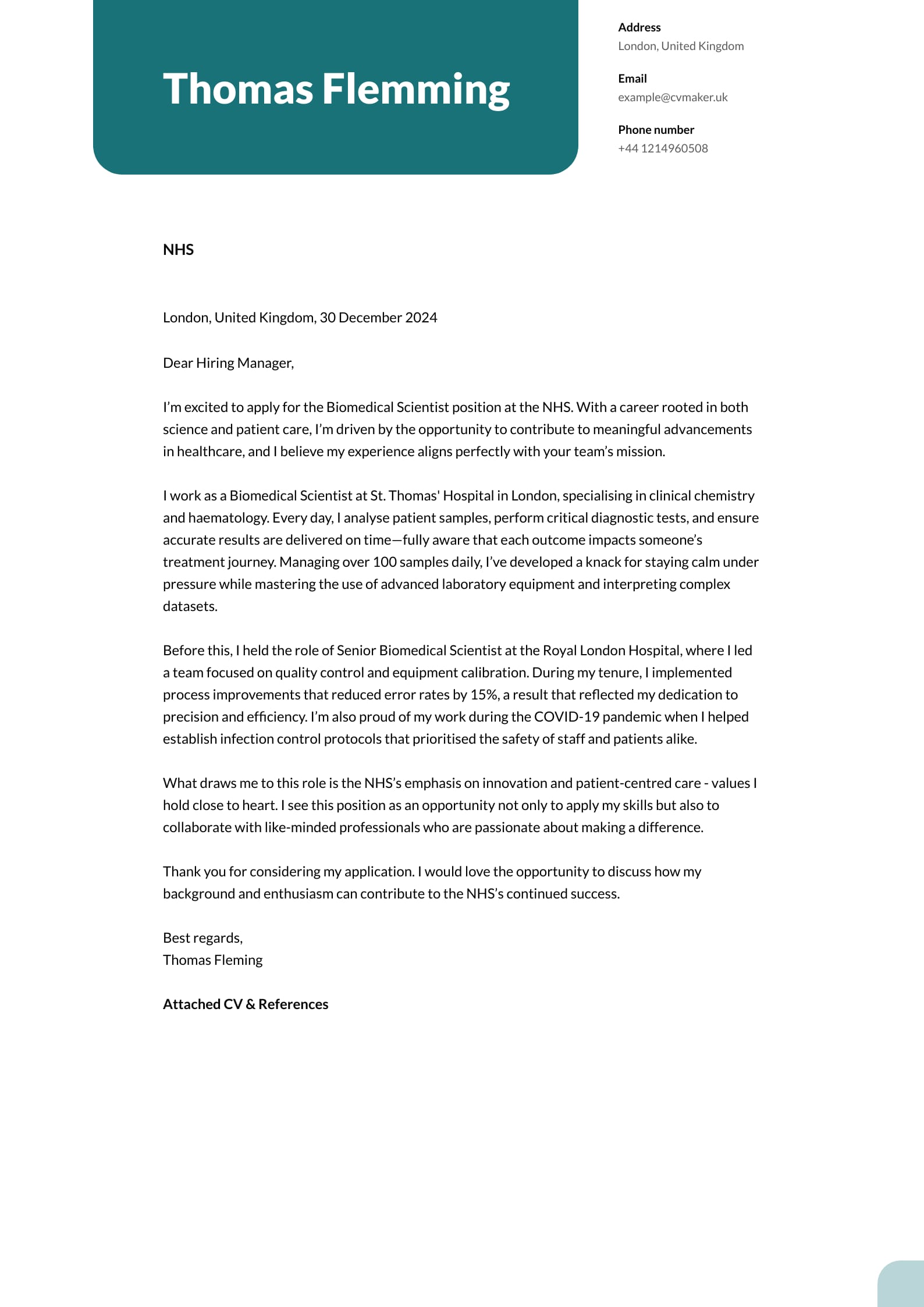 Biomedical scientist cover letter sample