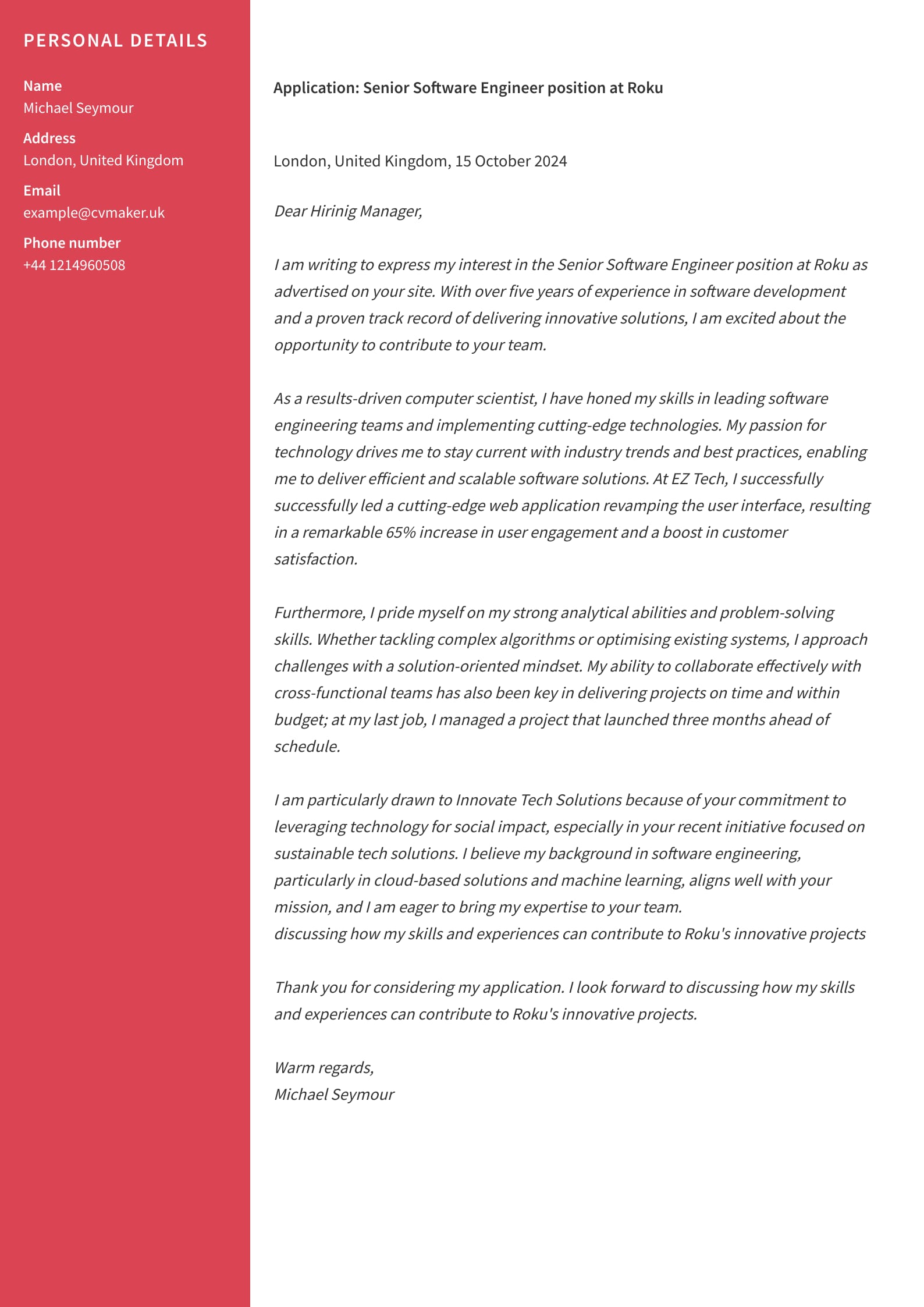 Computer Science Cover Letter Example