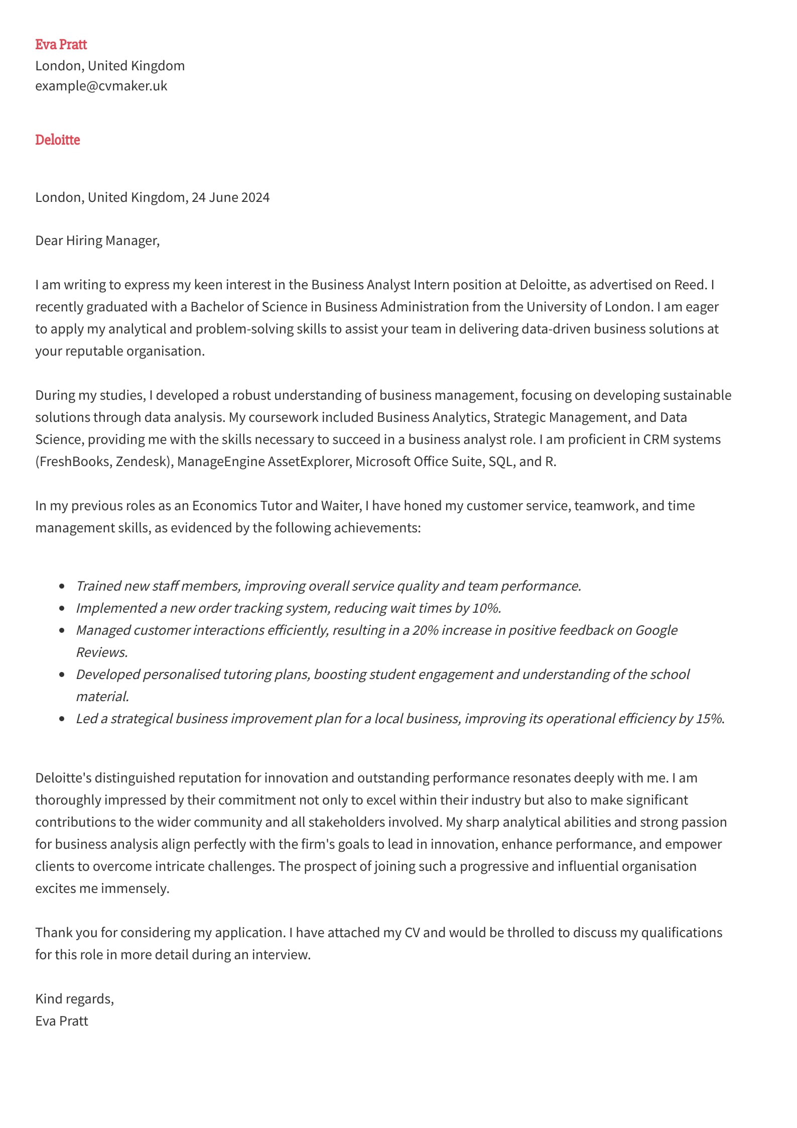 Cover letter example for internship