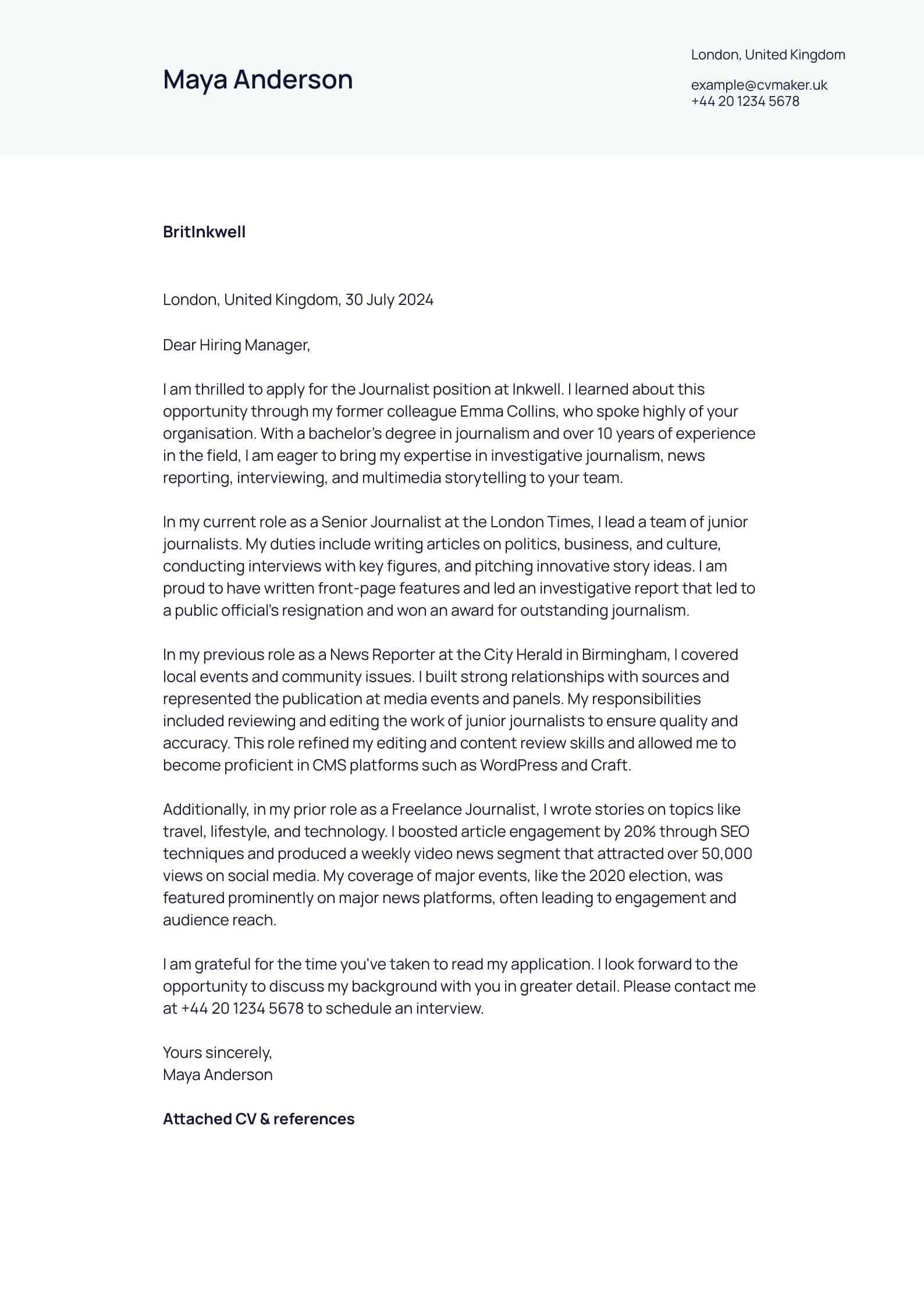 Journalist cover letter template