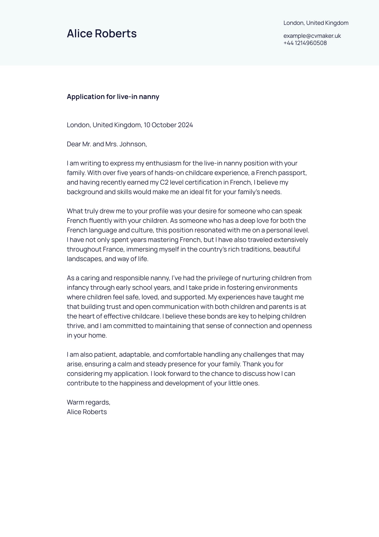 nanny cover letter example