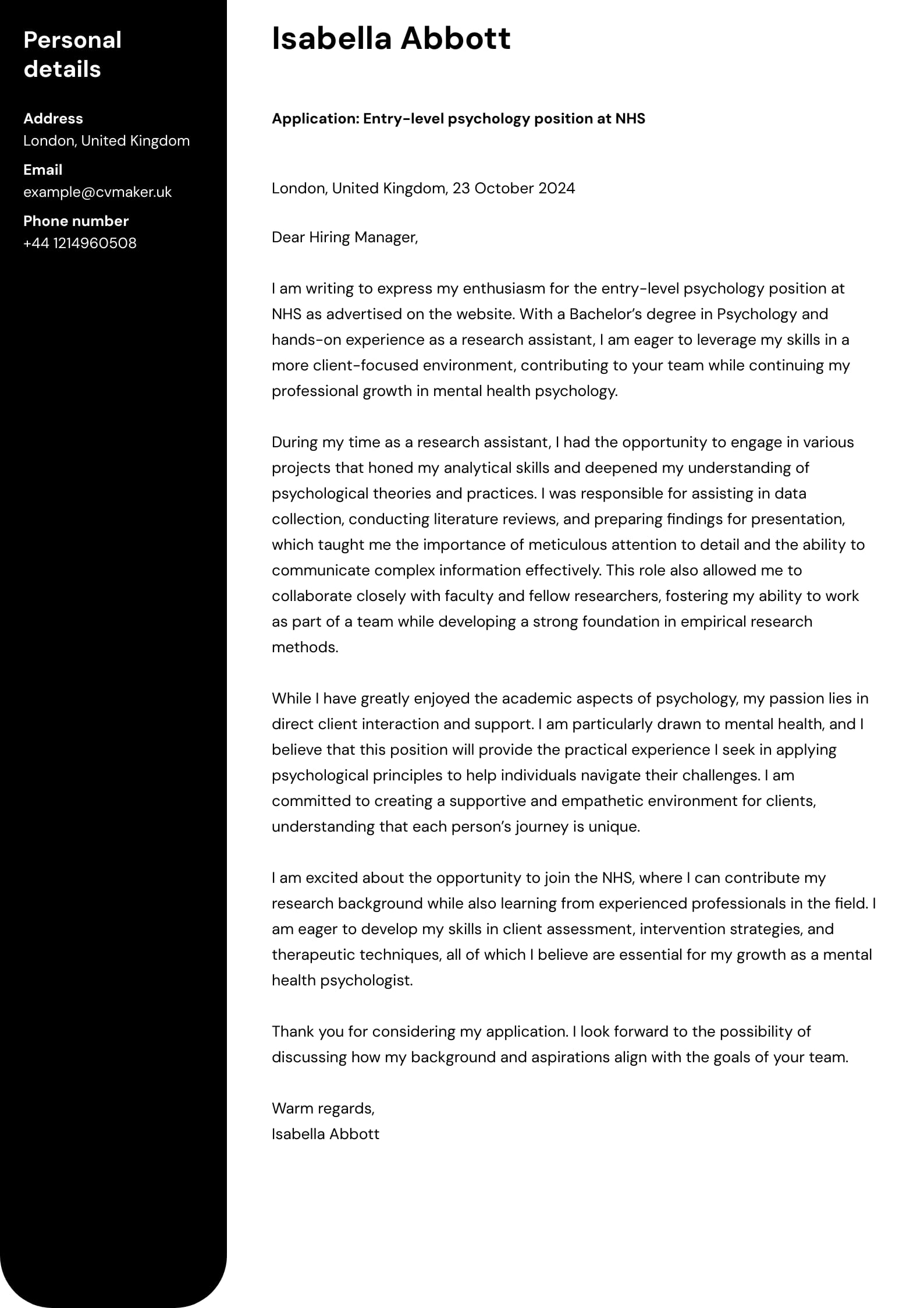 Psychology cover letter template