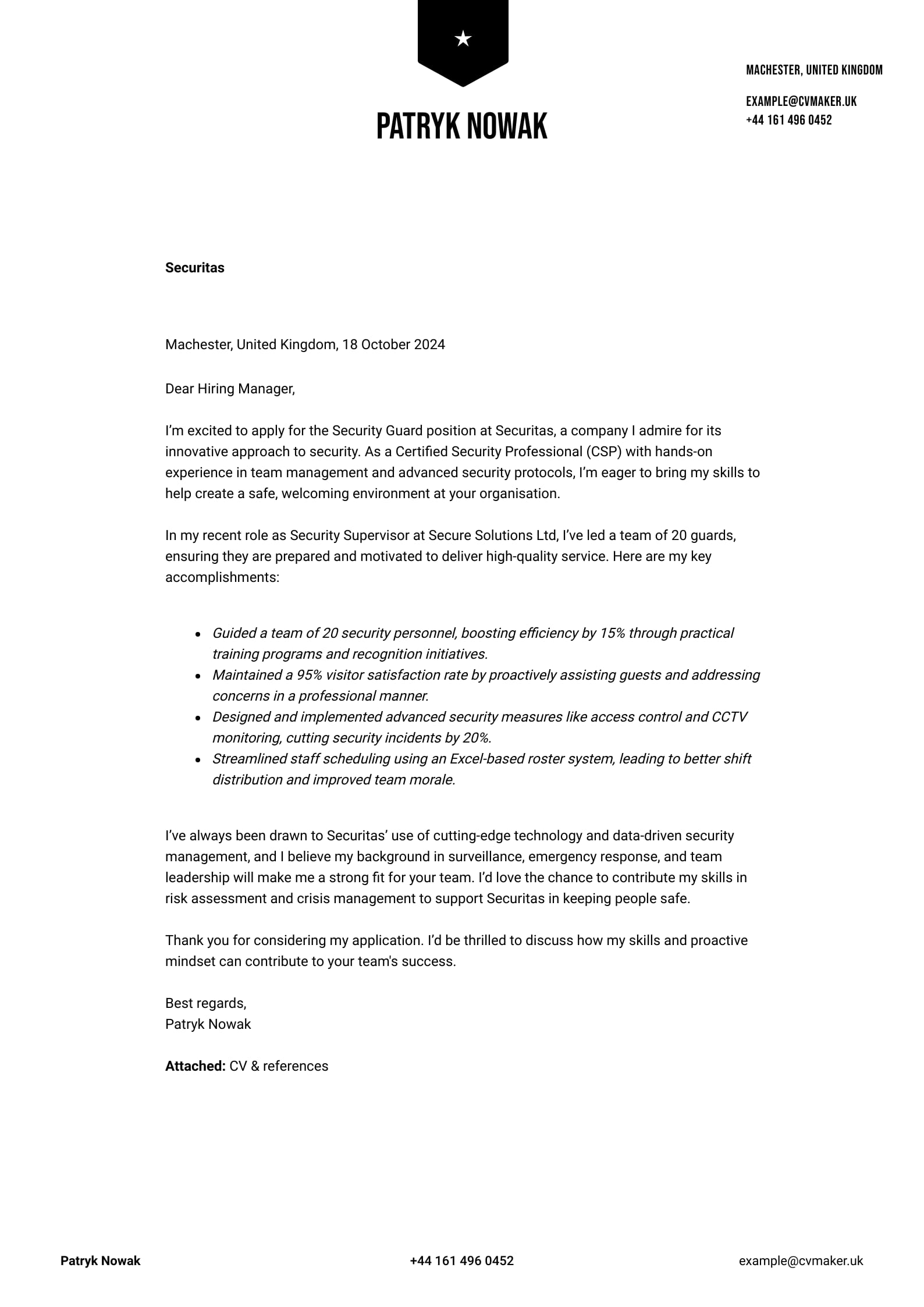 Security guard cover letter sample