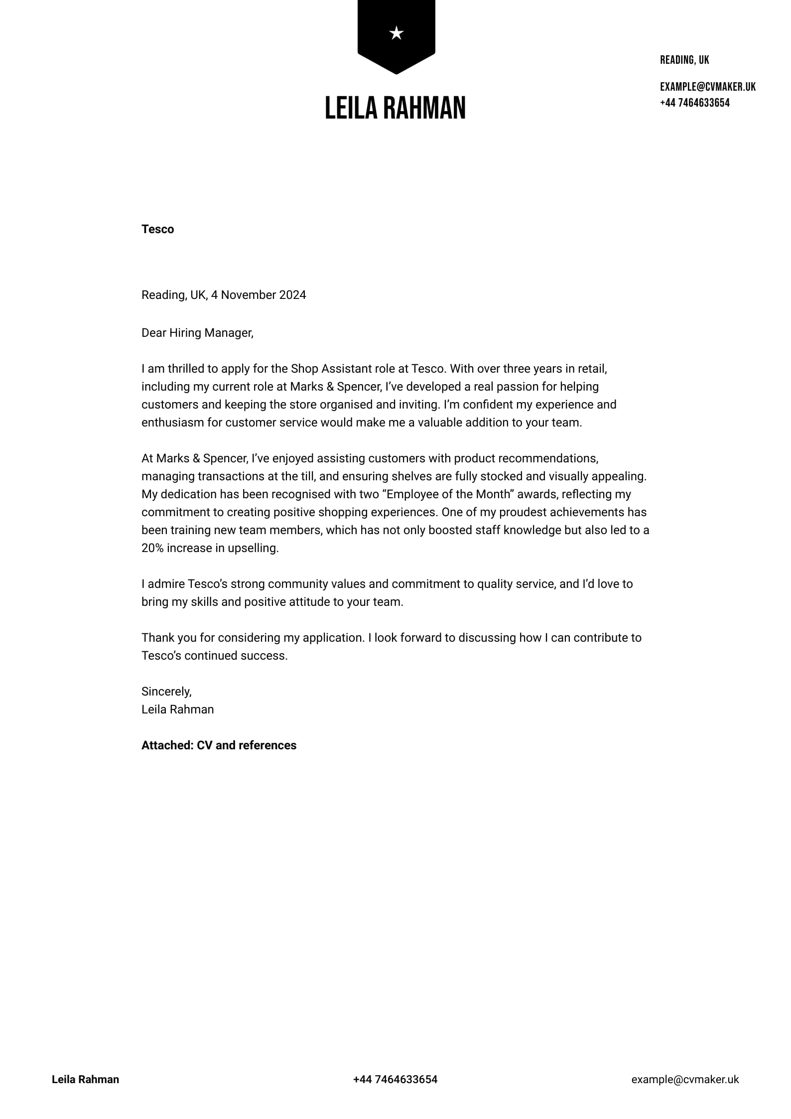 Shop Assistant cover letter template