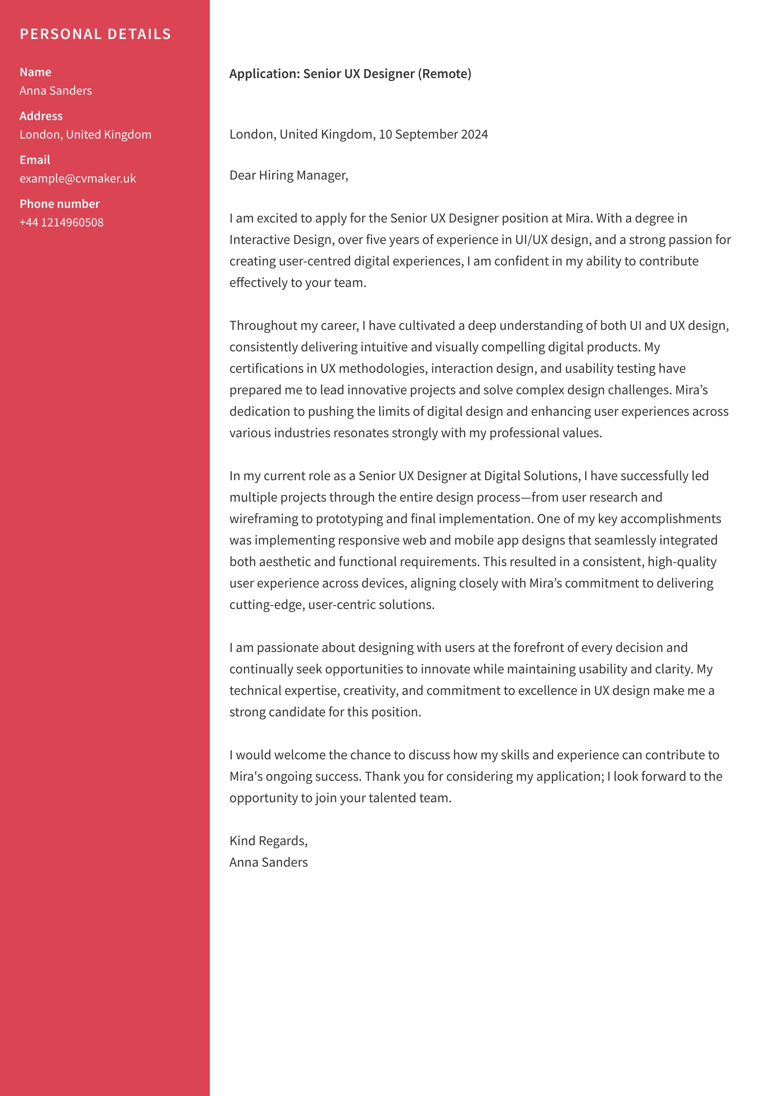 UI/UX cover letter sample