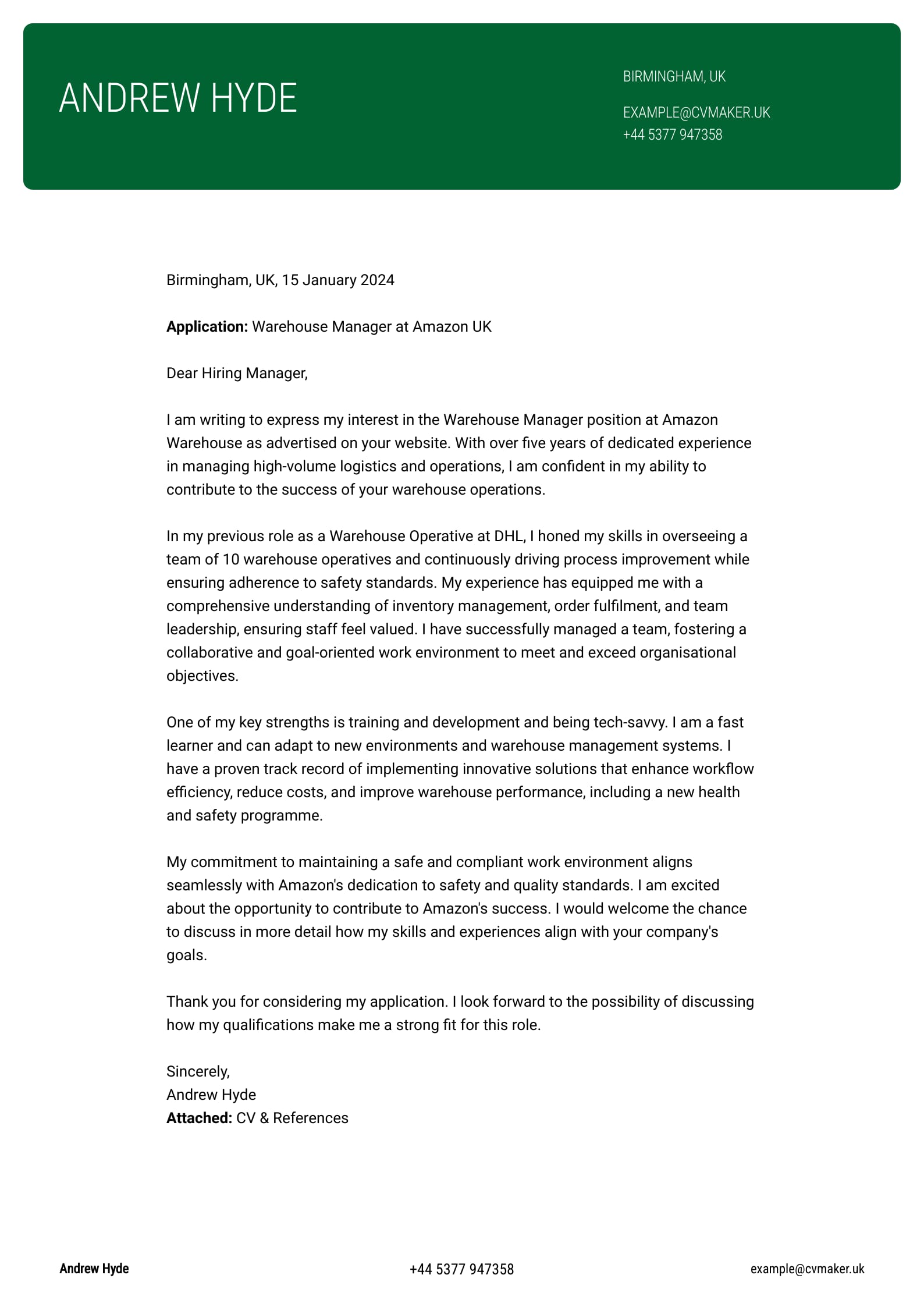 Cover Letter example - Warehouse - Cornell template
