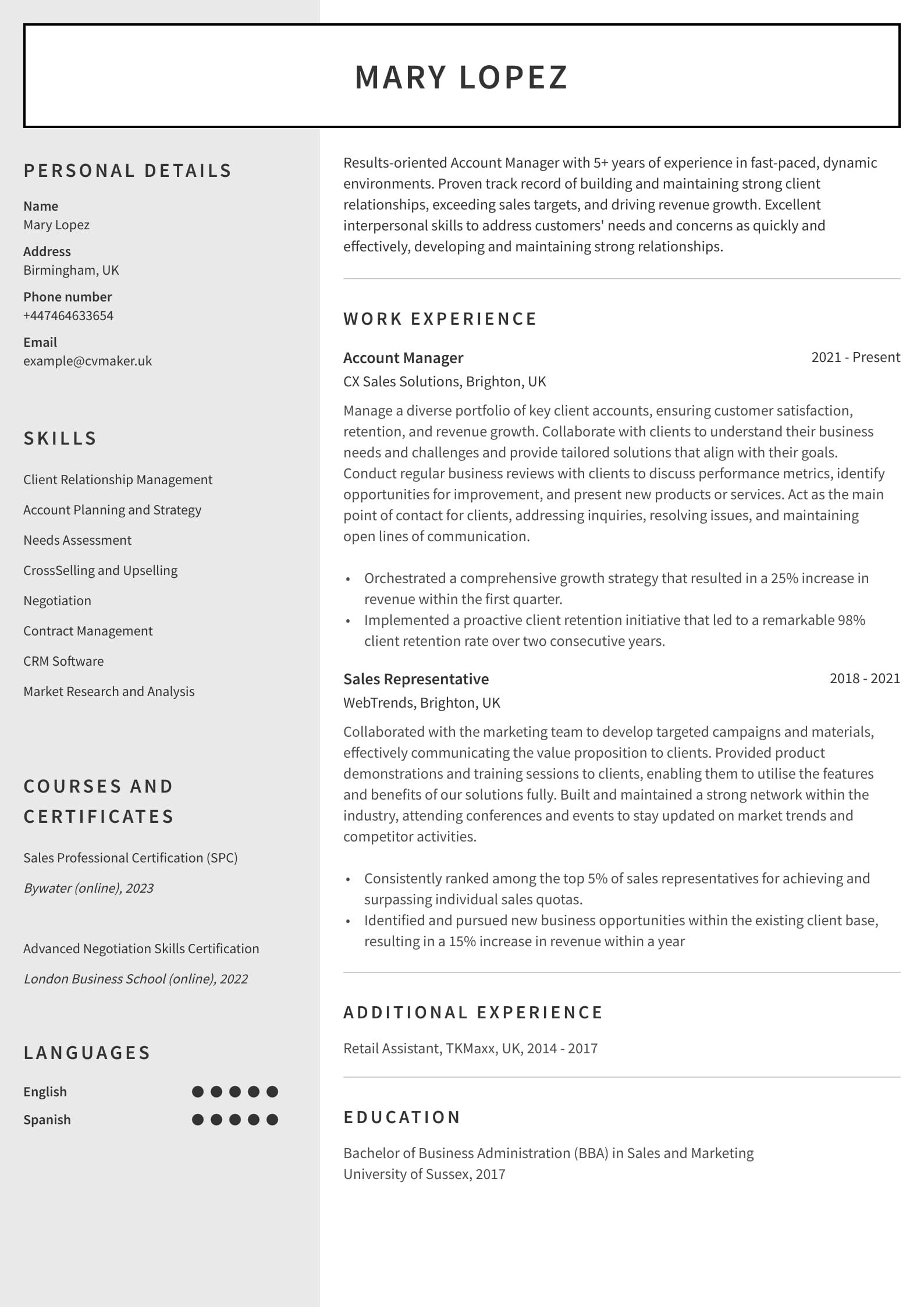 Account Manager CV sample