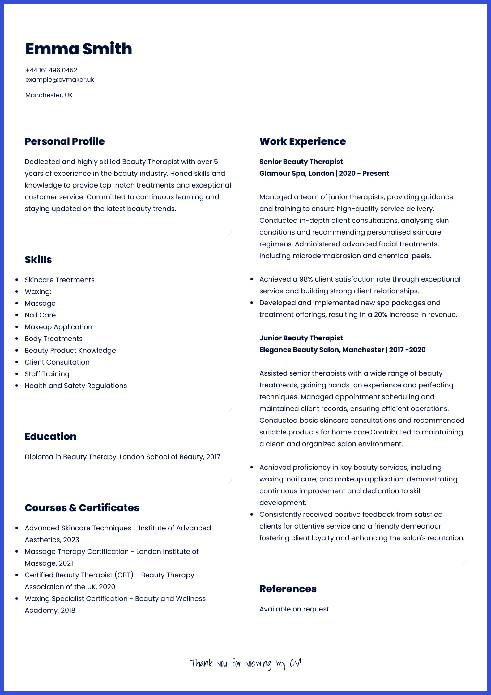 Beauty Therapist CV Example: Free to customise!