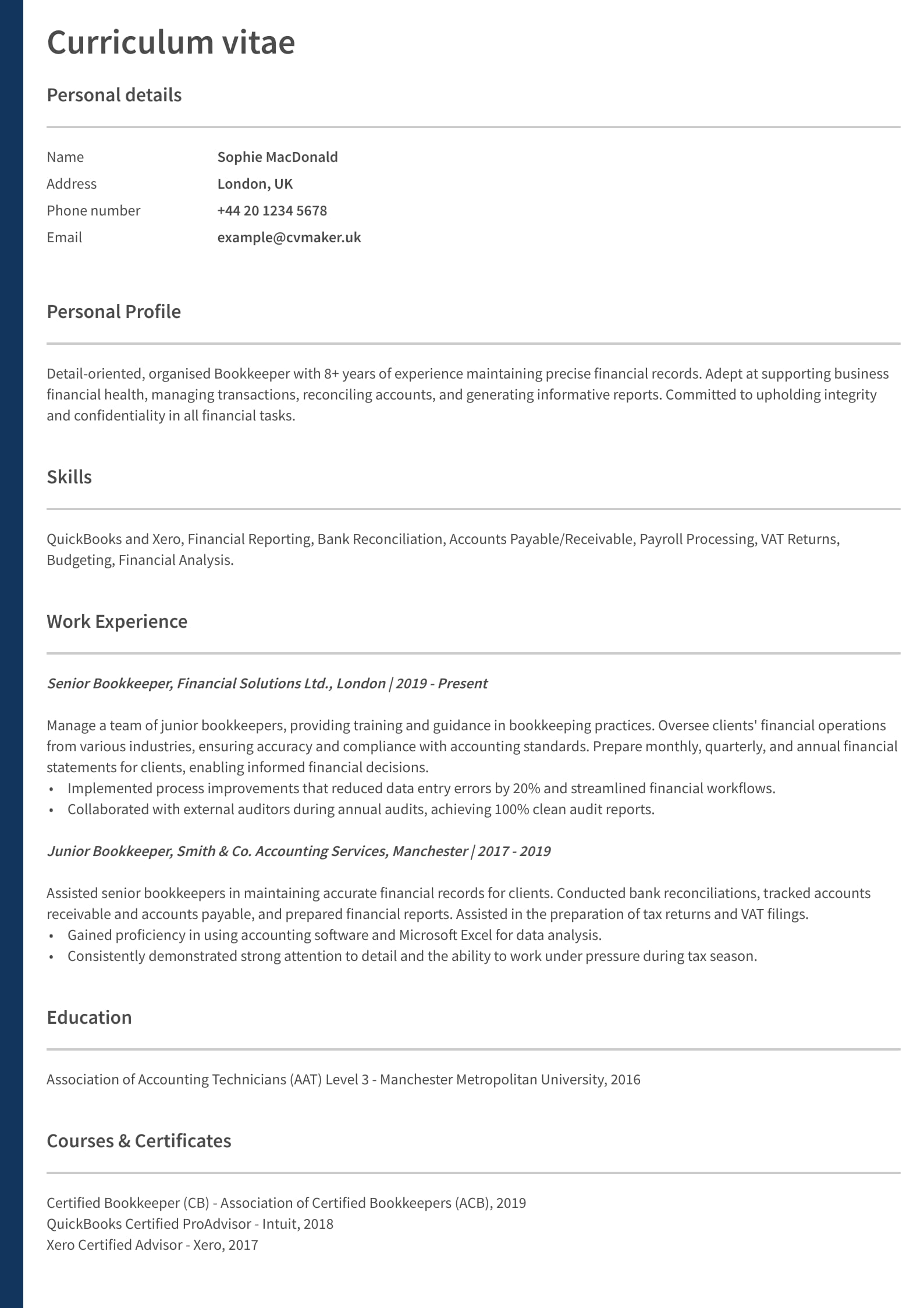 Bookkeeper CV example