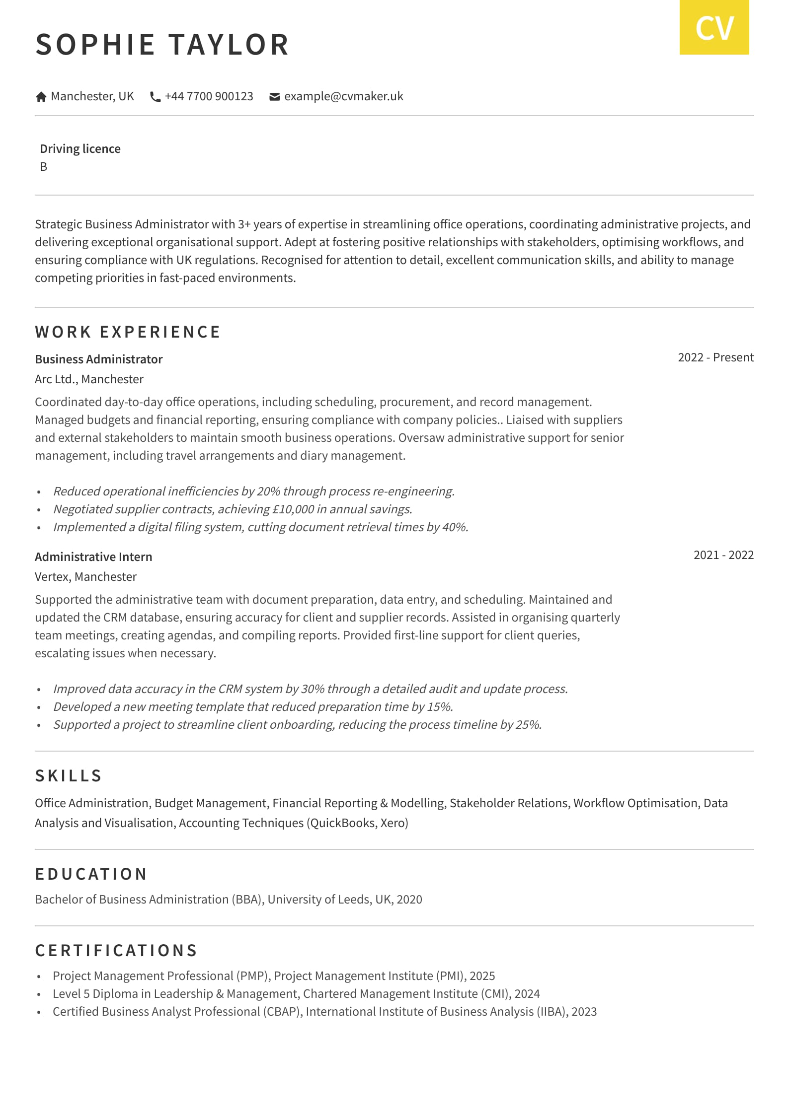 Business administrator CV sample