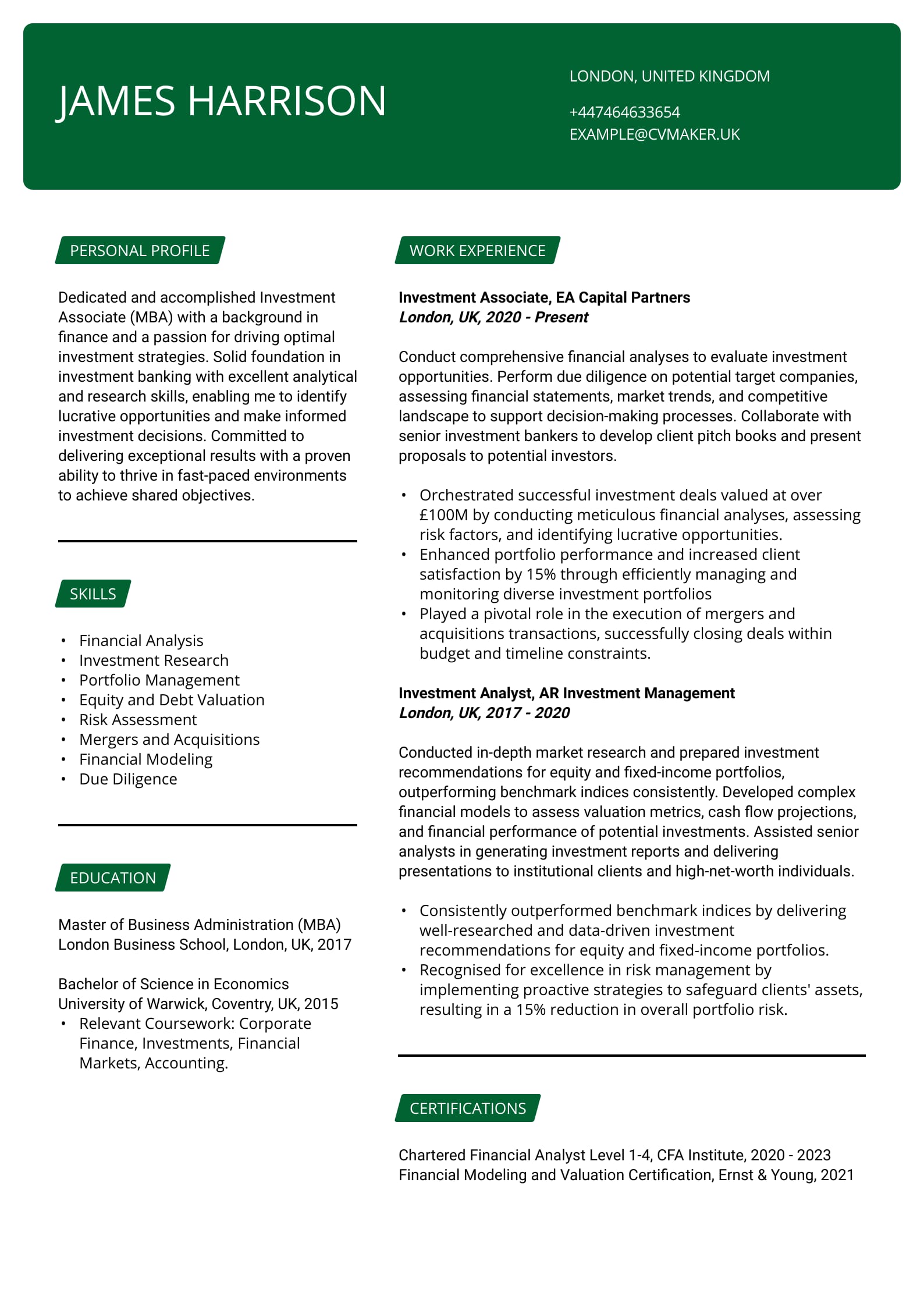 Investment banker CV example