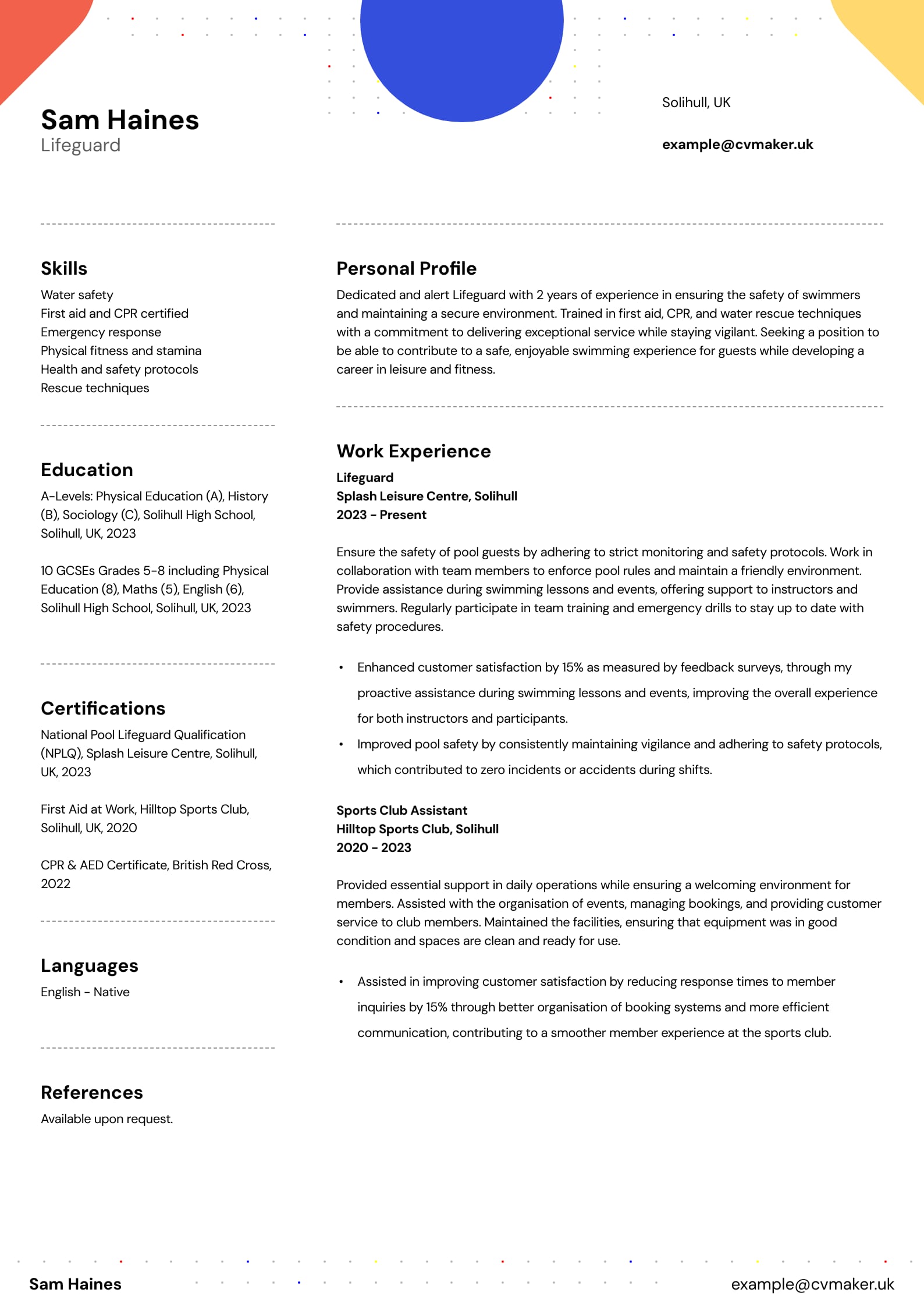 Lifeguard CV sample