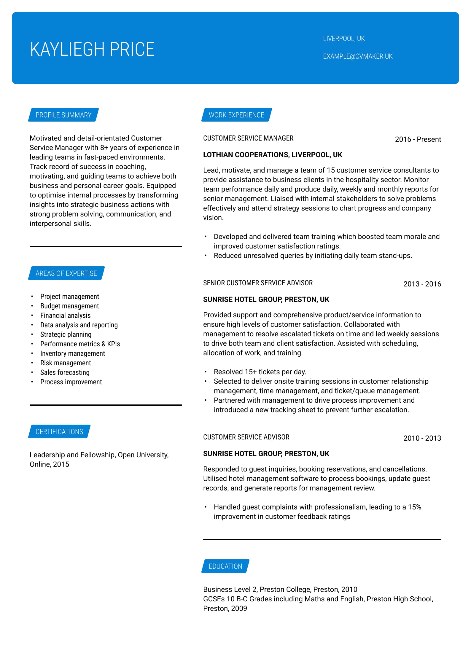 Manager CV sample