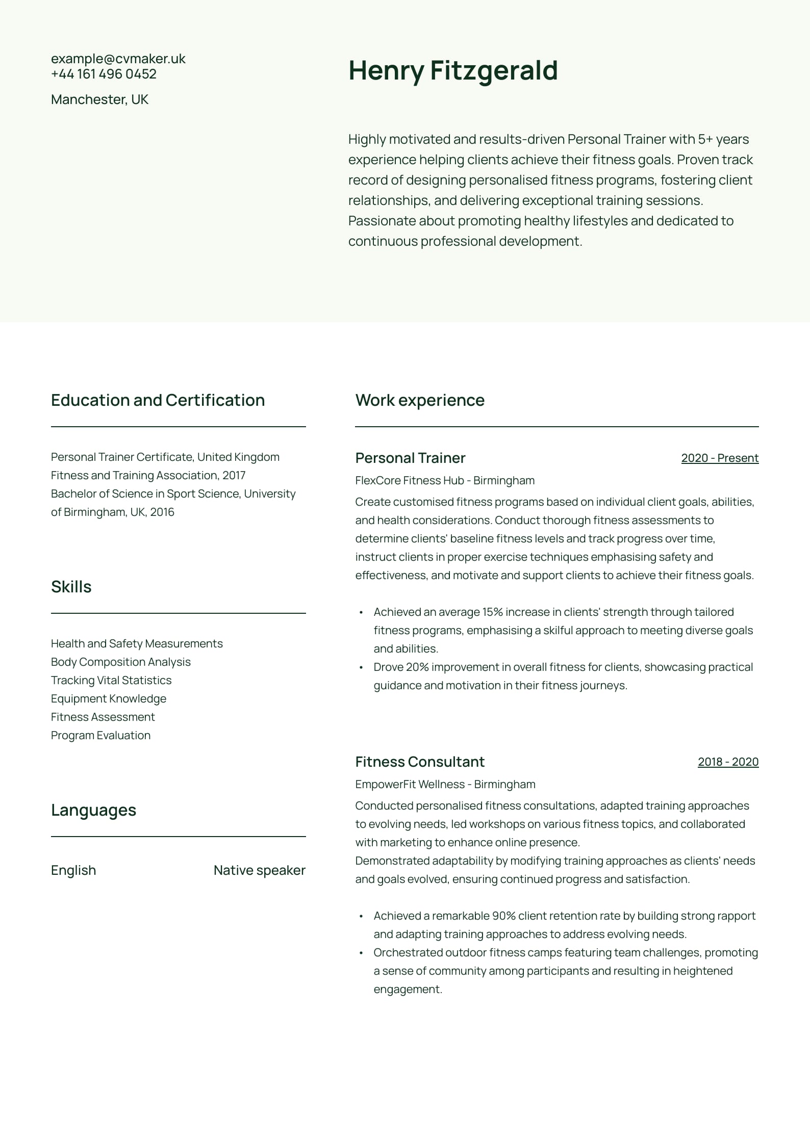 Personal trainer CV example