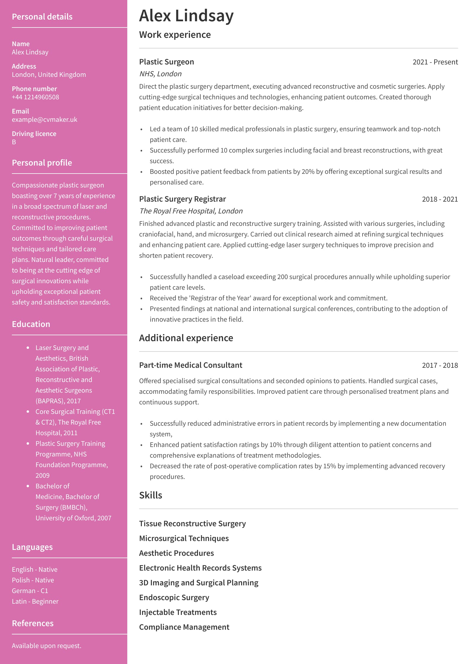 Plastic surgeon CV template