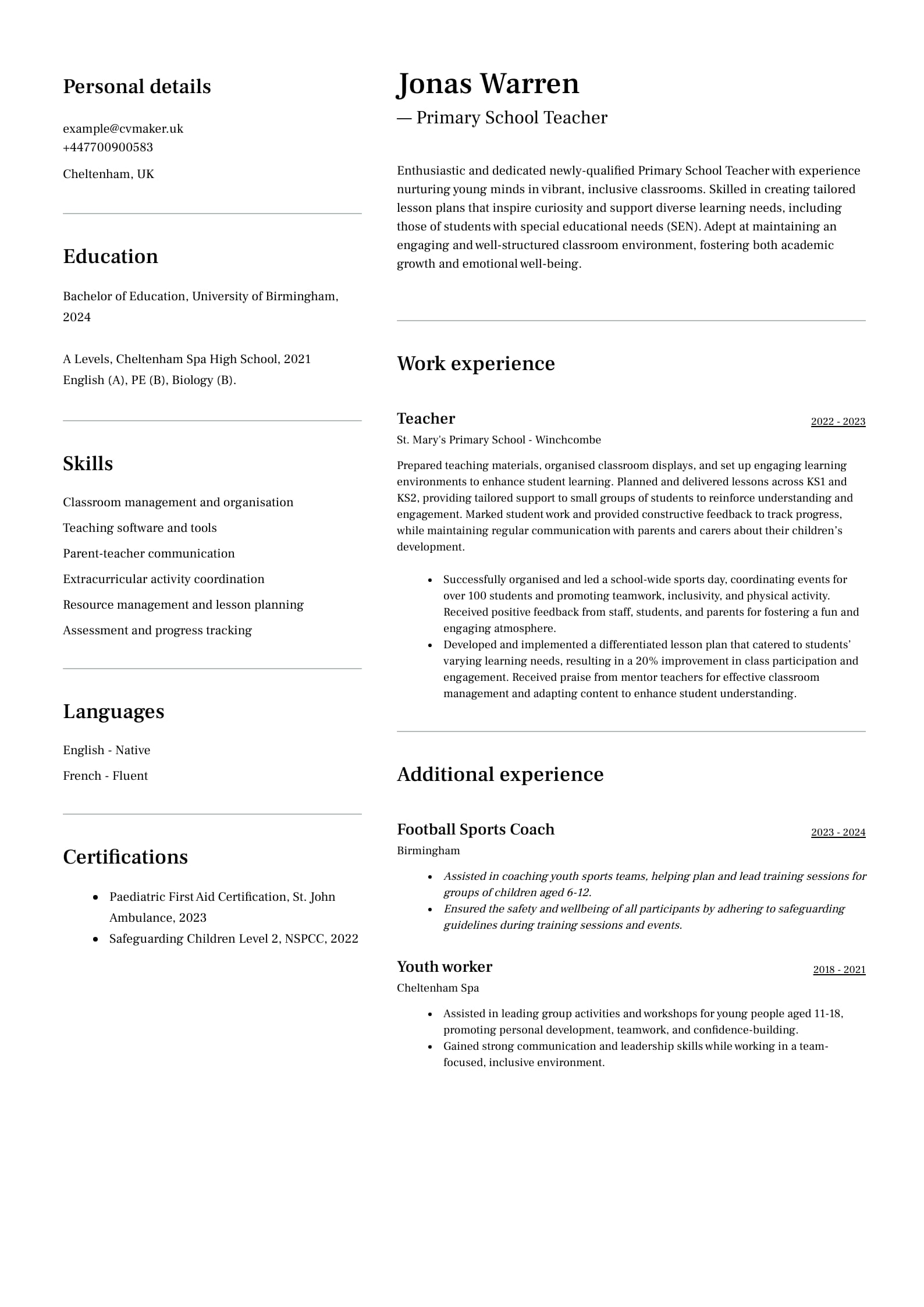 Primary school teacher CV sample