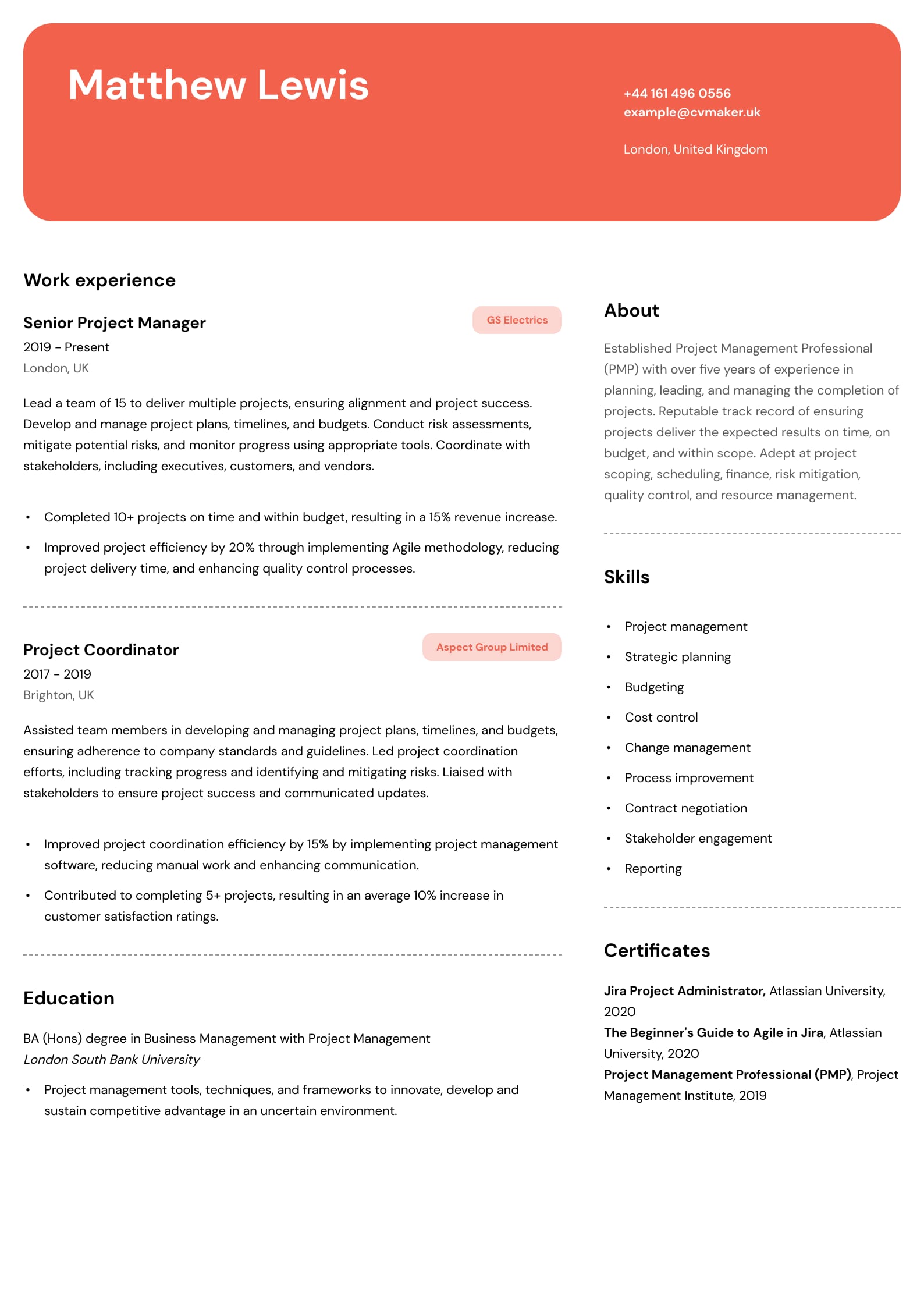 Project Manager CV sample