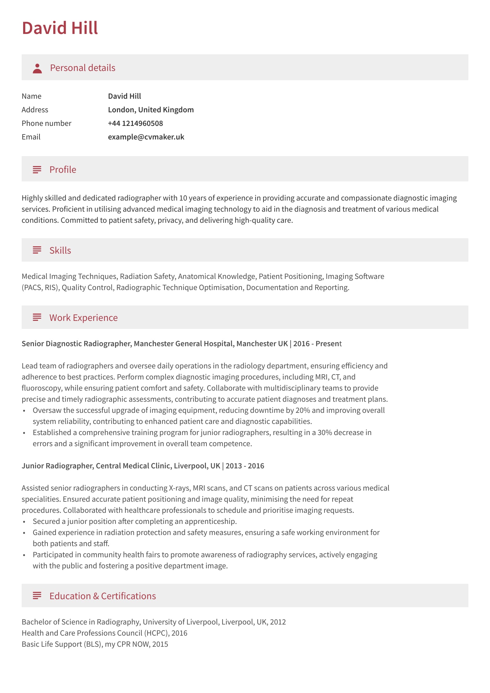 Radiographer CV Example