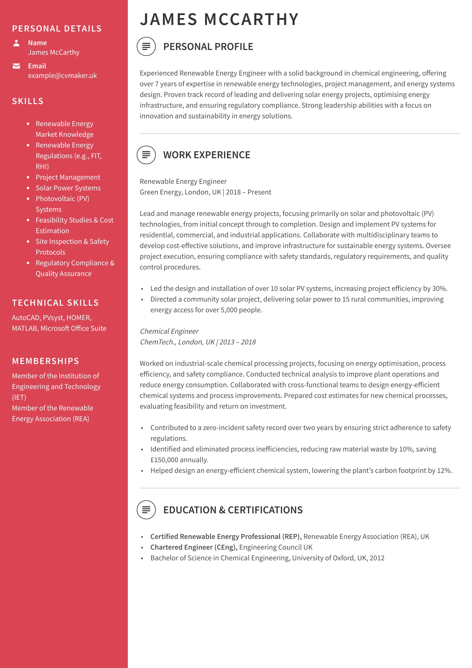 Renewable energy engineer CV sample