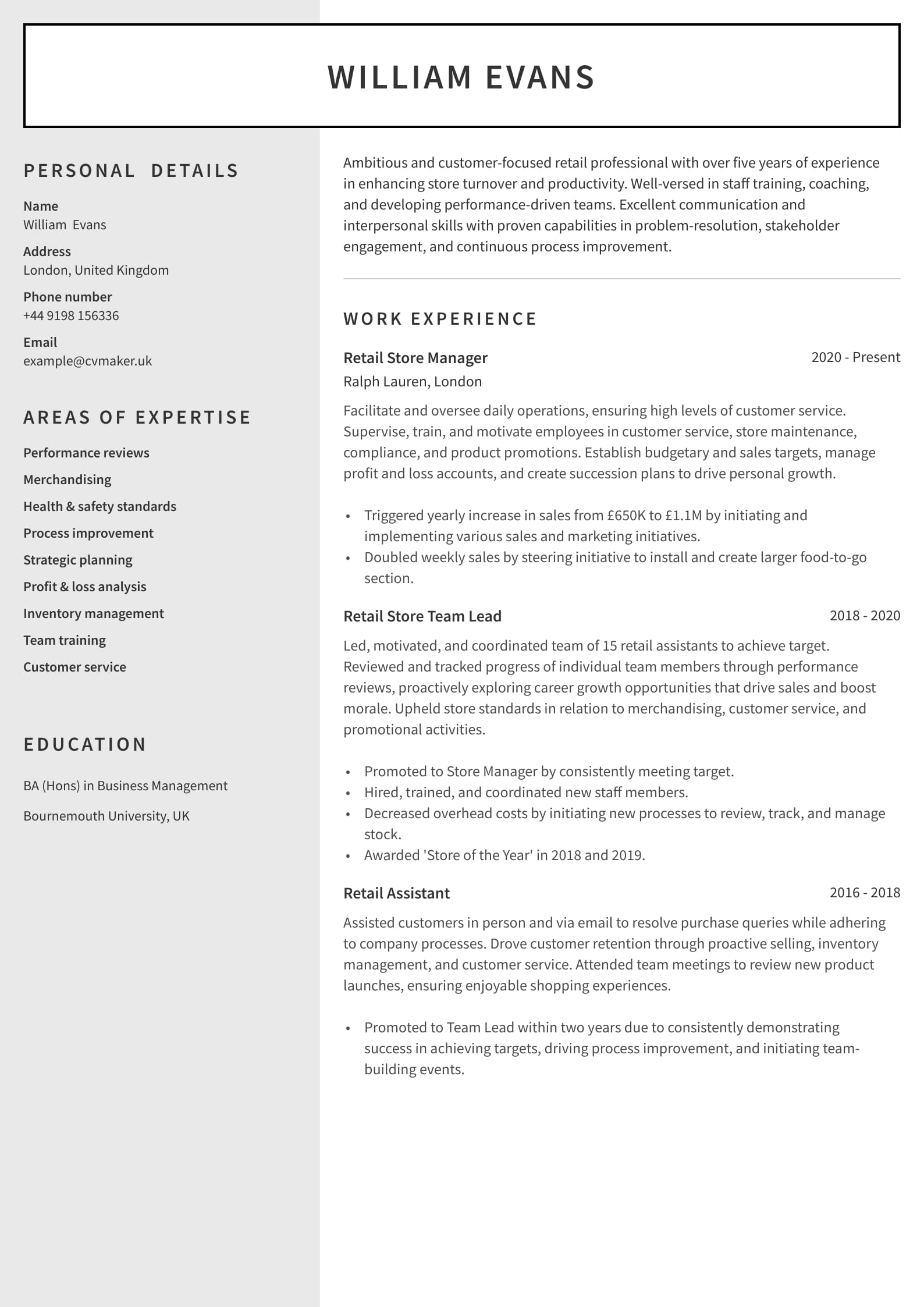 personal statement for retail job examples