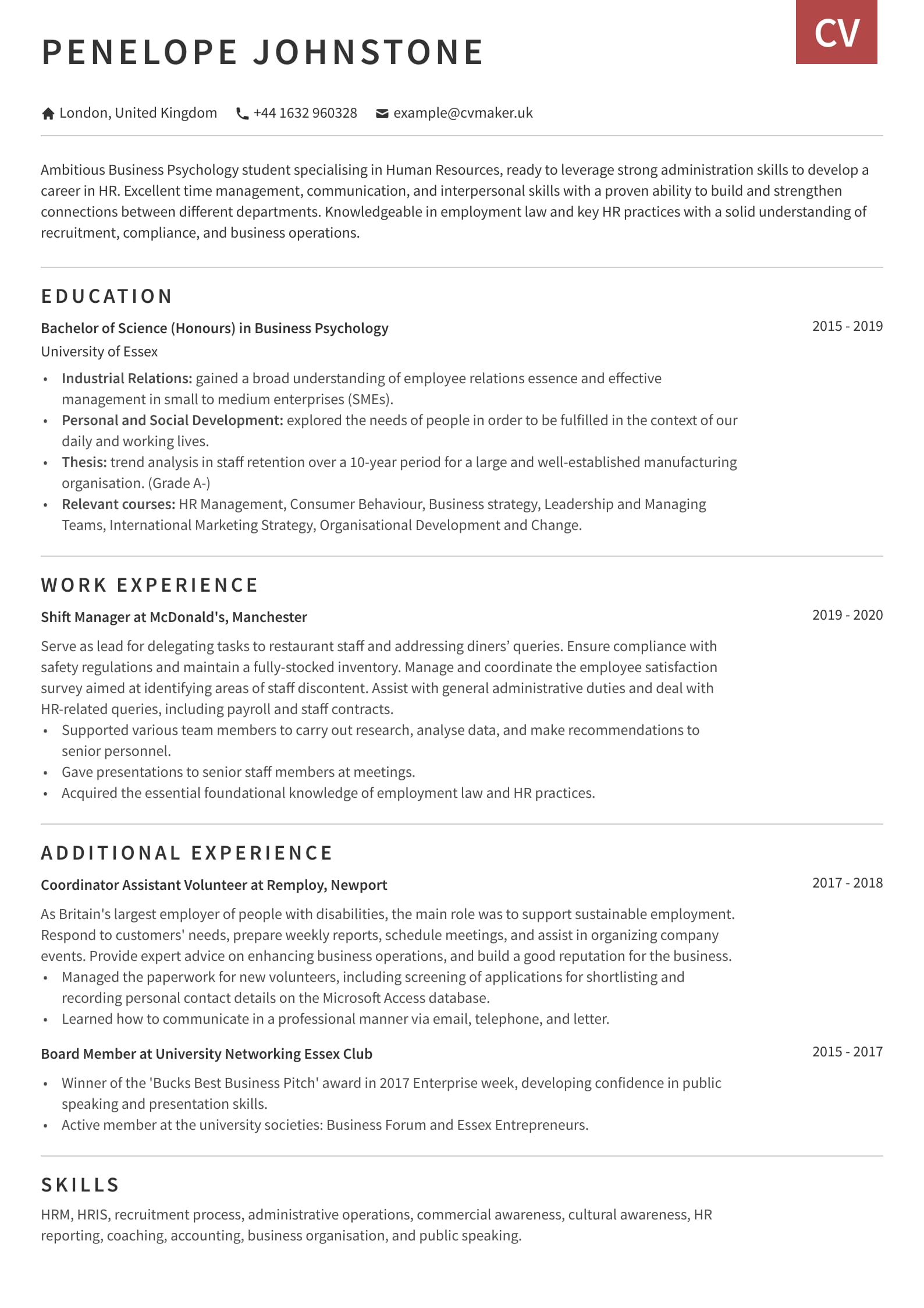 Cv Profile Examples Student