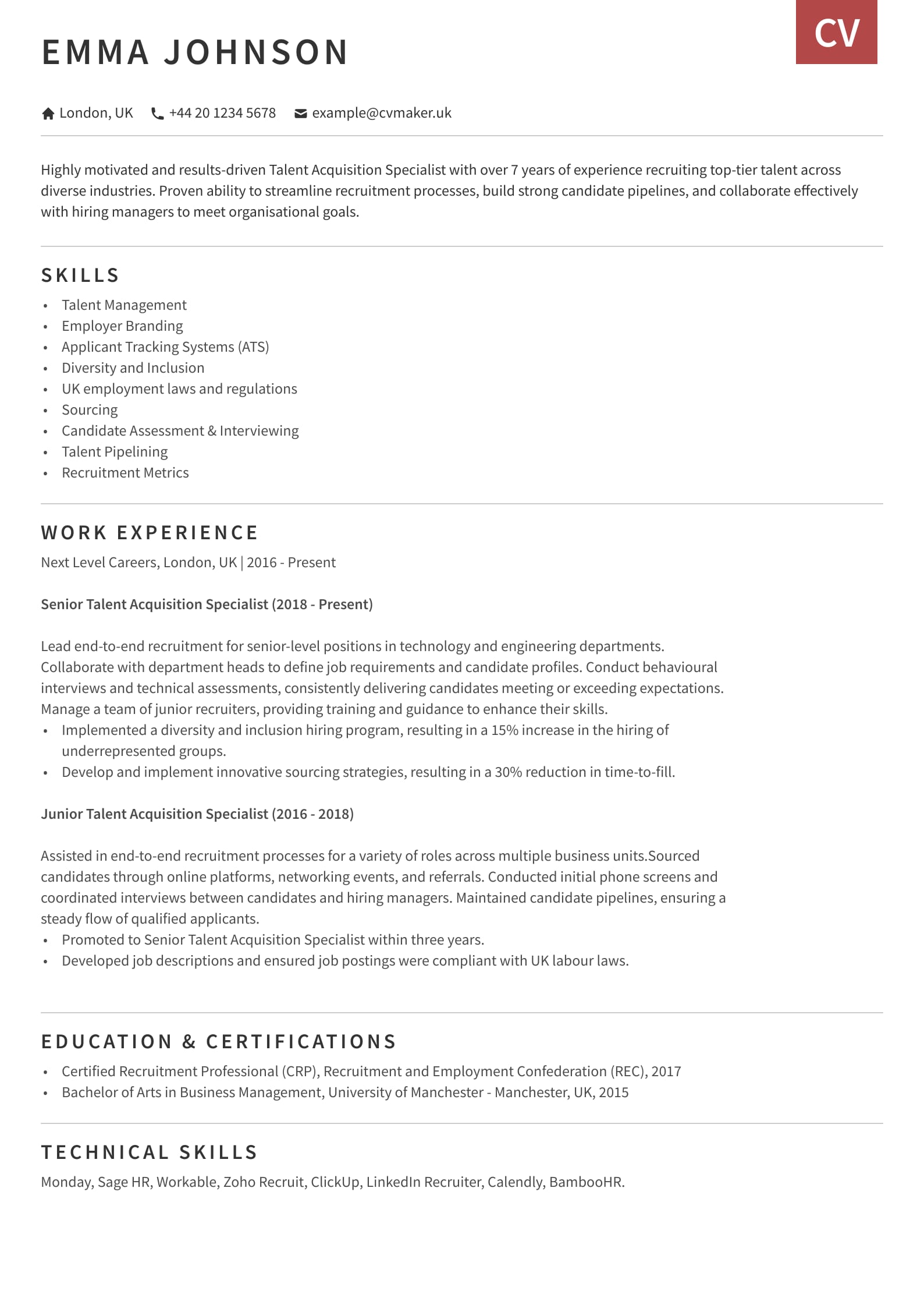 Talent Acquisition CV sample