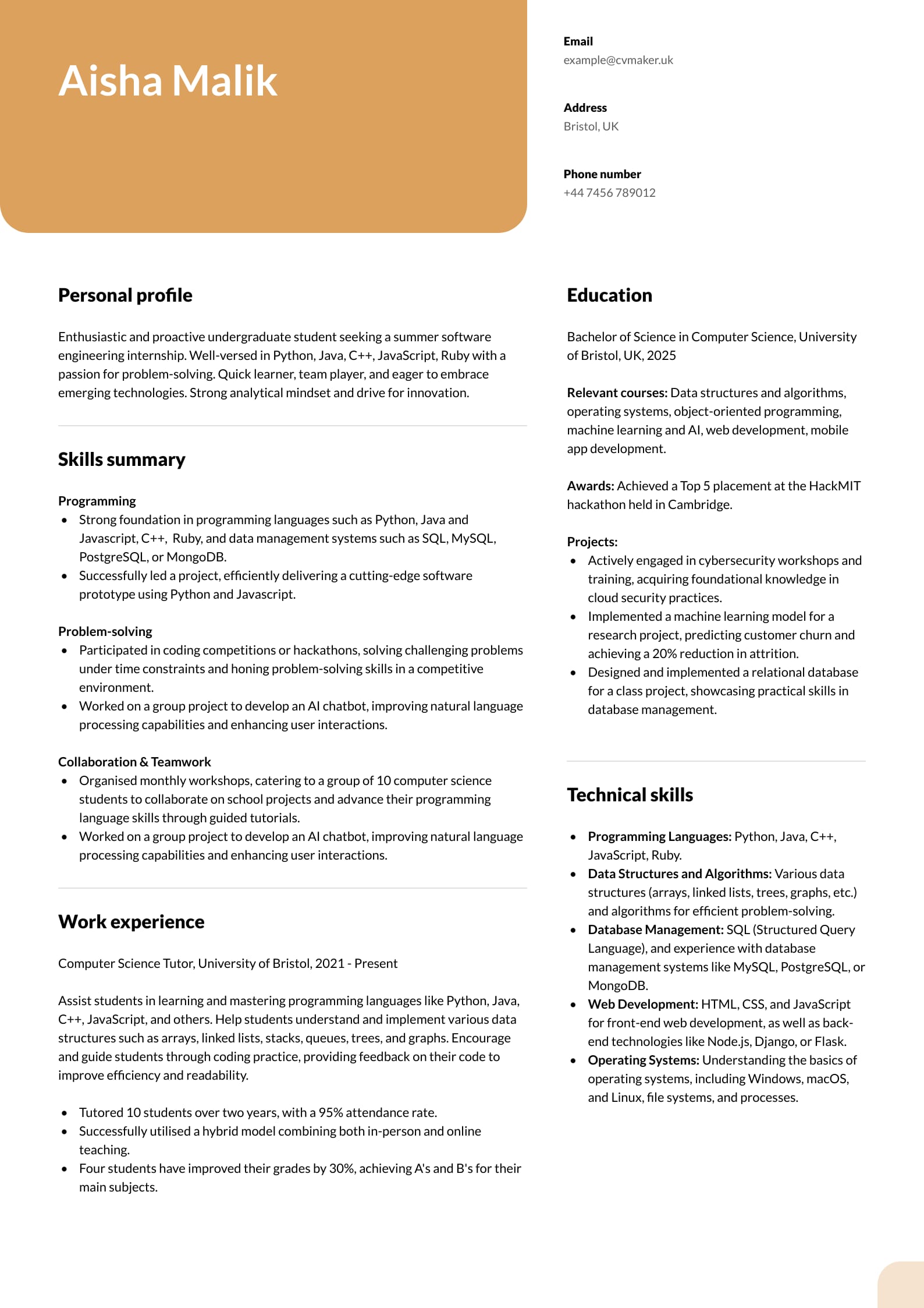 CV example -  Student - Columbia template