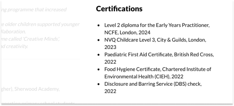nursery assistant CV certifications