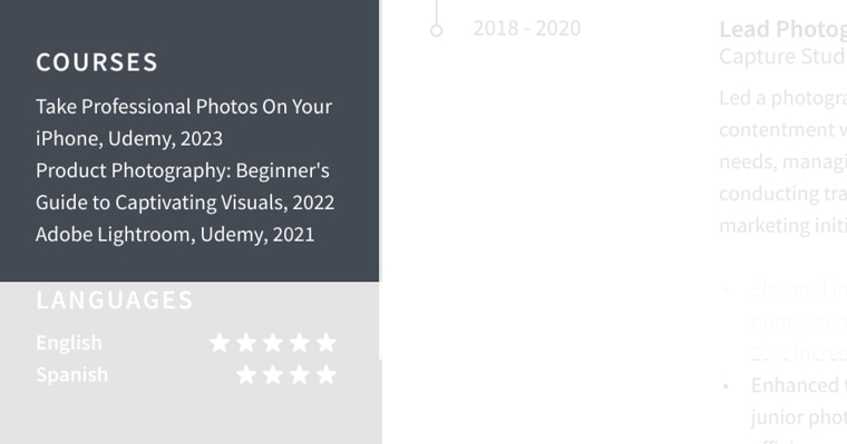 Courses on a photographer CV