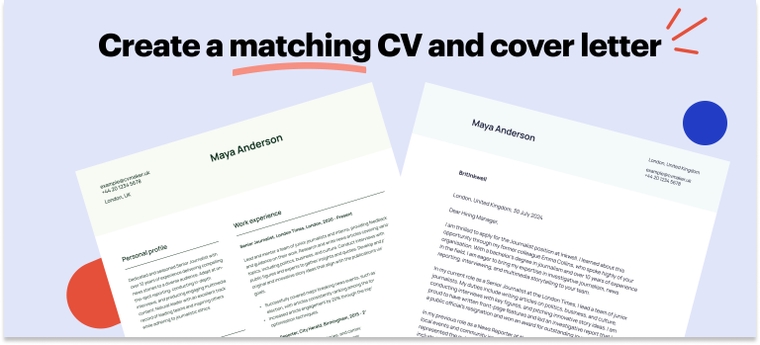 Matching CV and cover letter example for a journalist