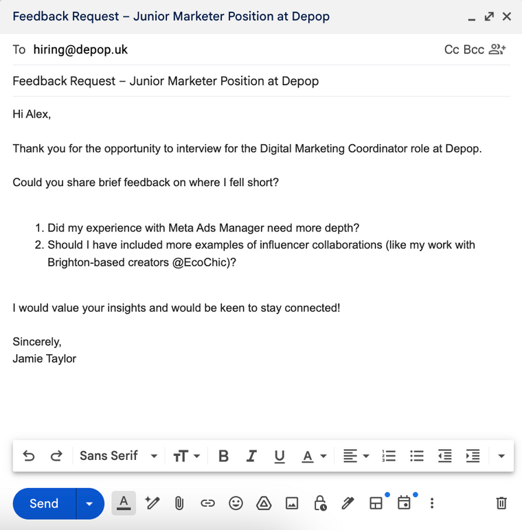 Feedback request email example after job rejection