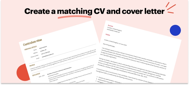Matching internship CV and cover letter example
