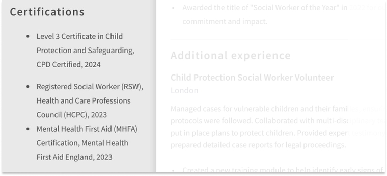 Courses and certificates on a social worker CV